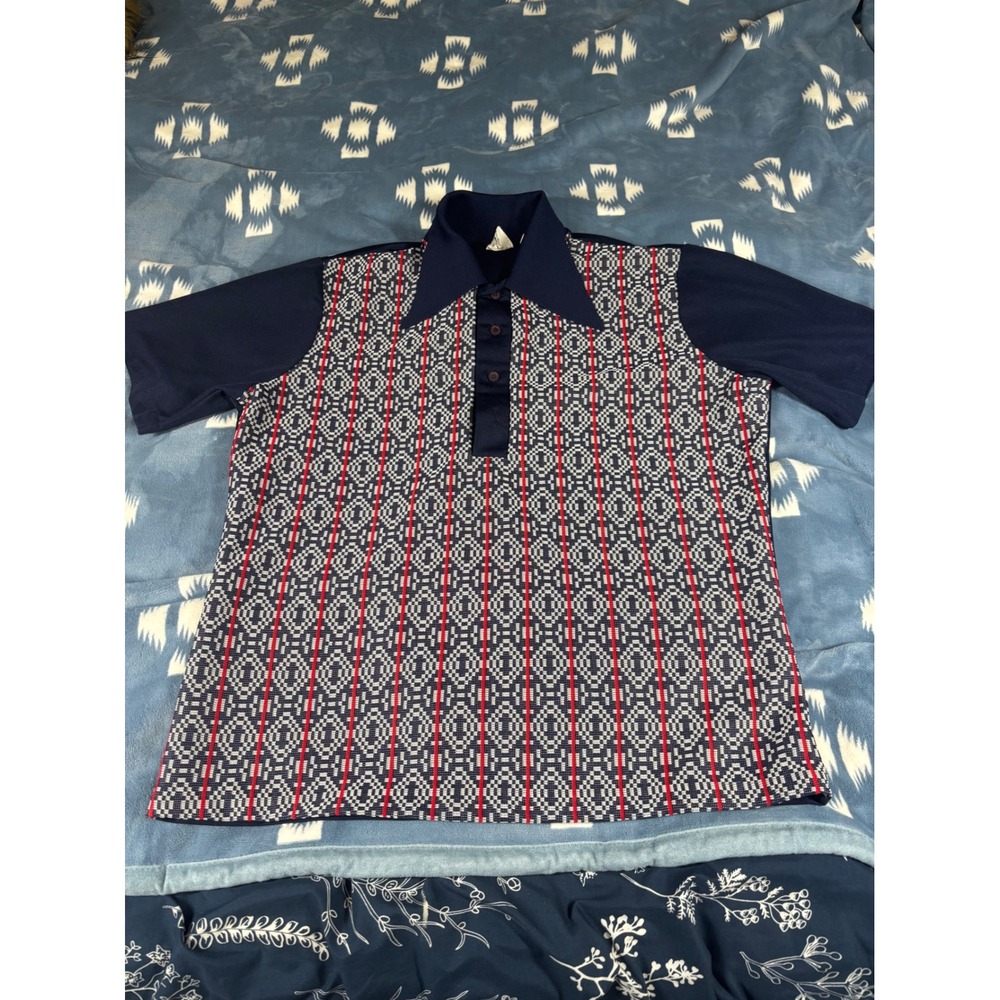 Vintage Spire California 70s Geometric Knit Polo Shirt Navy XL Trevira Polyester